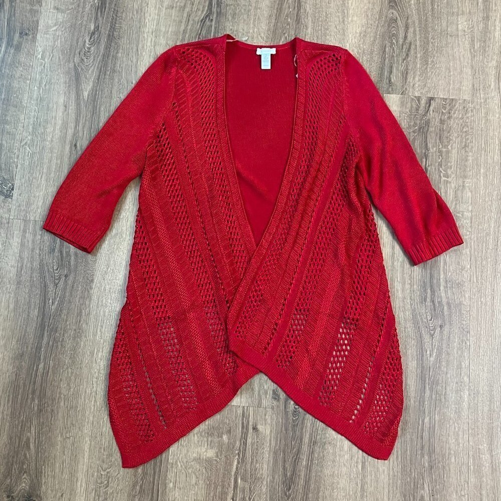 Chicos Red Crochet Waterfall Cardigan Sz 2 (12)
